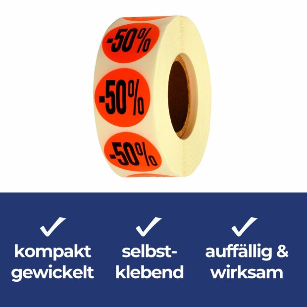 Aktionsetiketten leuchtrot &quot;-50%&quot; 32 mm, permanent