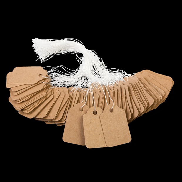 100 Hängeetiketten mit Faden, brauner Umweltkarton 25x39 mm